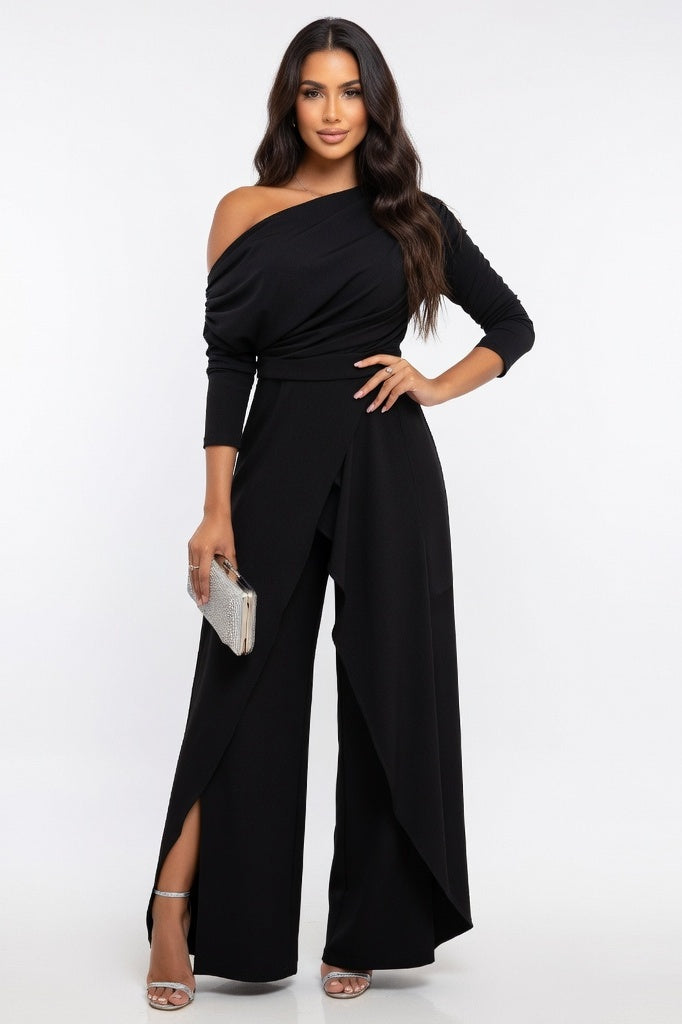 One Shoulder Pleated Wide Leg Jumpsuit — Black