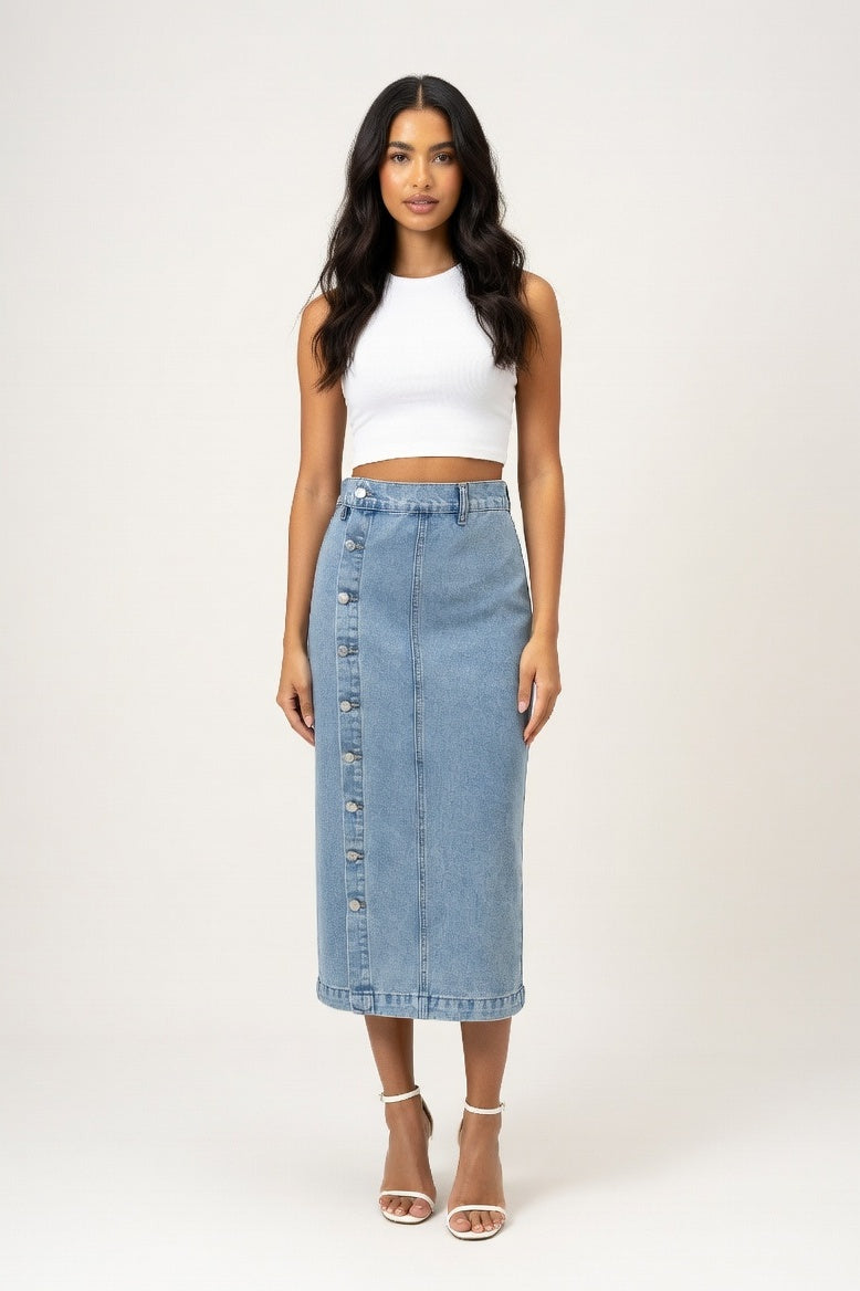 High Waist Slit Denim Skirt — Light Blue