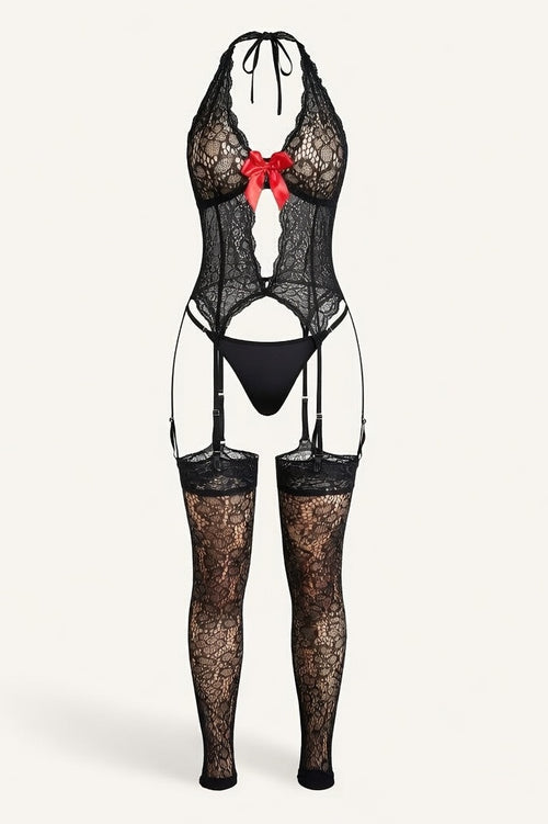 Sheer Bodysuit with Bow Detail — Black