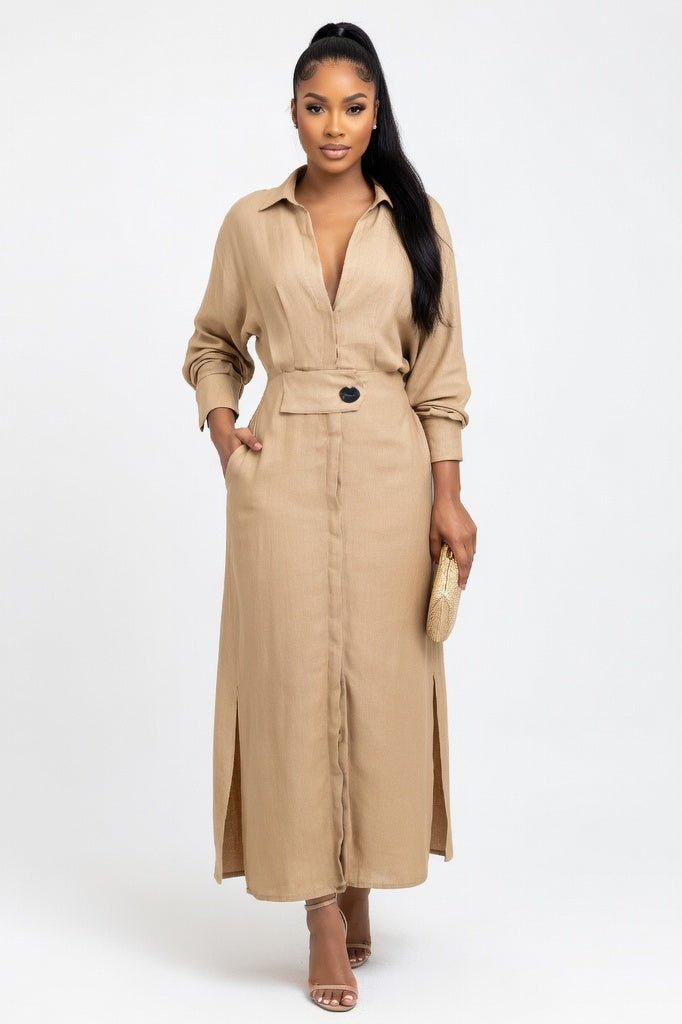 V-Neck Shirt Dress — Apricot
