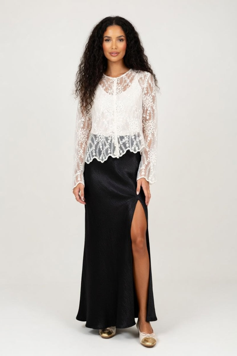 Satin Side Slit Midi Skirt — front view
