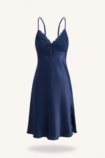 Silk Slip Nightdress with Bow Ties — Navy Blue
