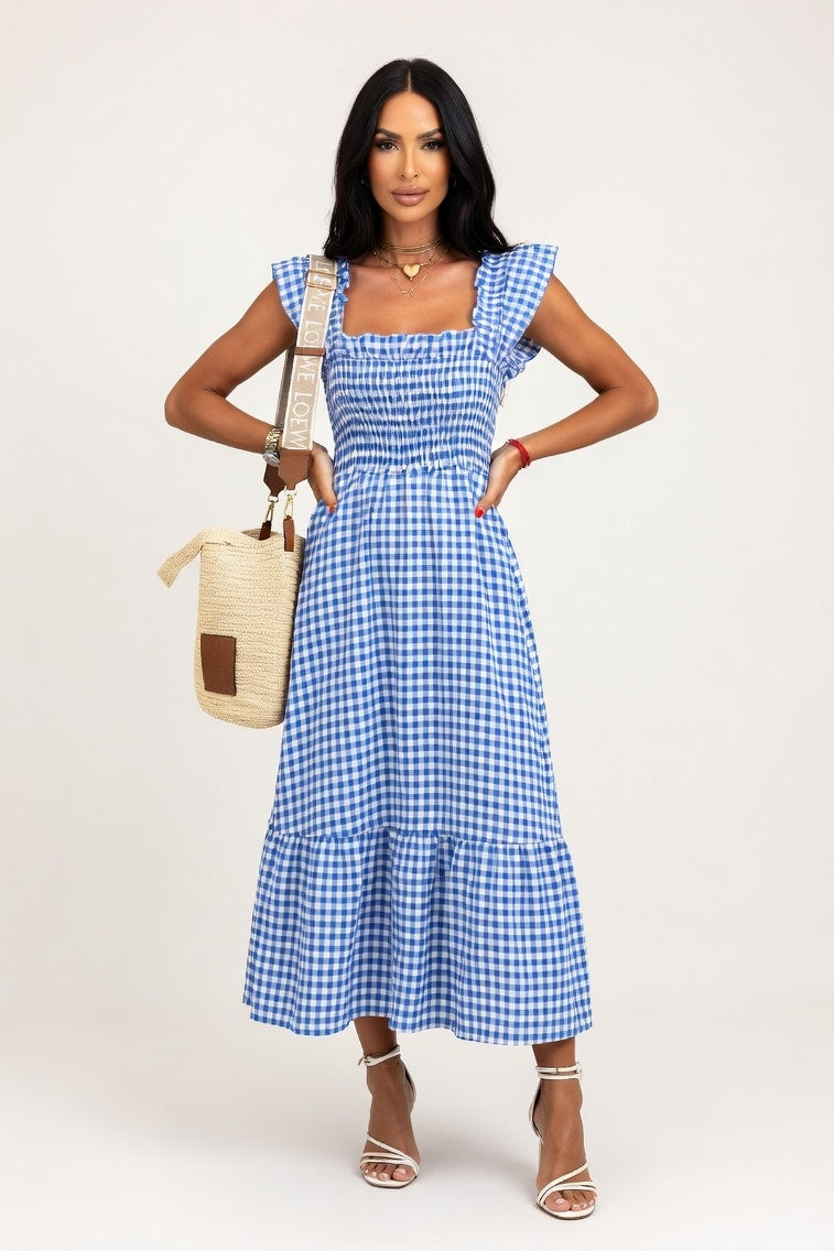 Plaid Patchwork Midi Dress — Sky Blue