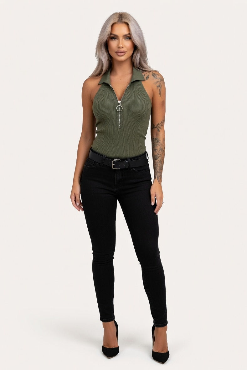 Zip Front Sleeveless Top — Green
