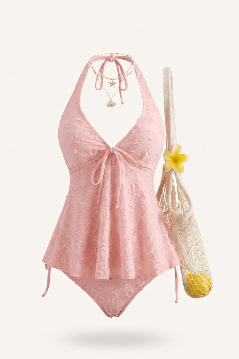 Lace Halter Swimsuit with Ruffle Detail — Light Pink