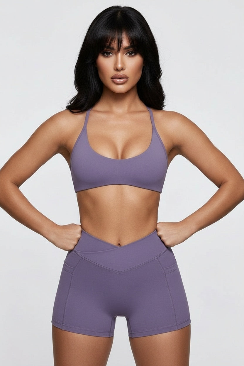 Cross-Back Sports Bra & High-Waist Shorts Set — S — Front