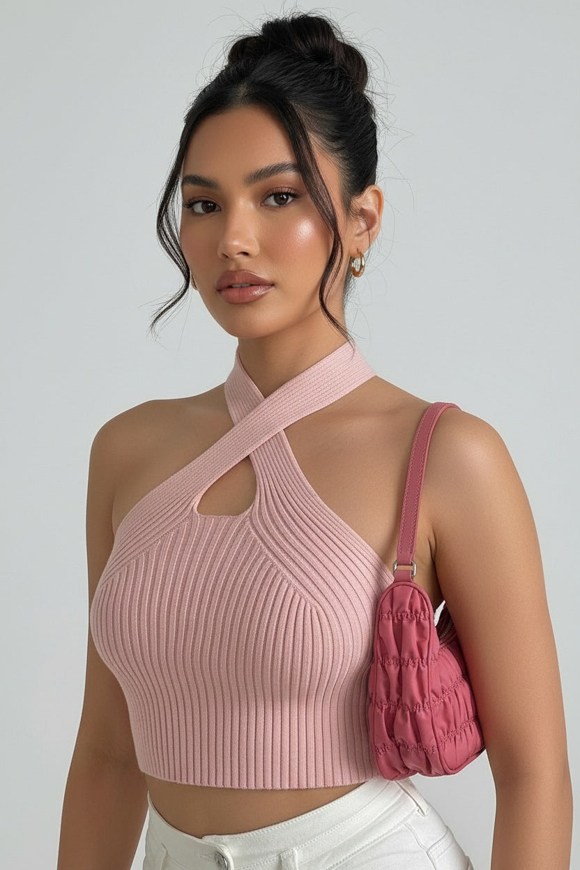 Cross-Cut Off-Shoulder Halter Knit Crop Top — One size — Front