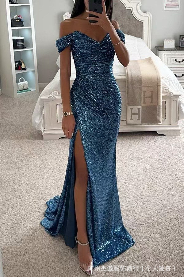 Sequined Off-Shoulder Slit Dress — Peacock Blue — colour variant