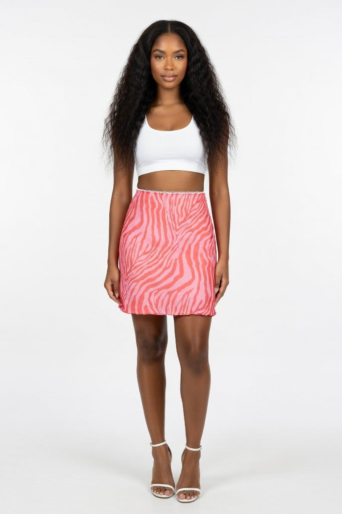 Printed Mesh Double Layer Mini Skirt — Rose Red