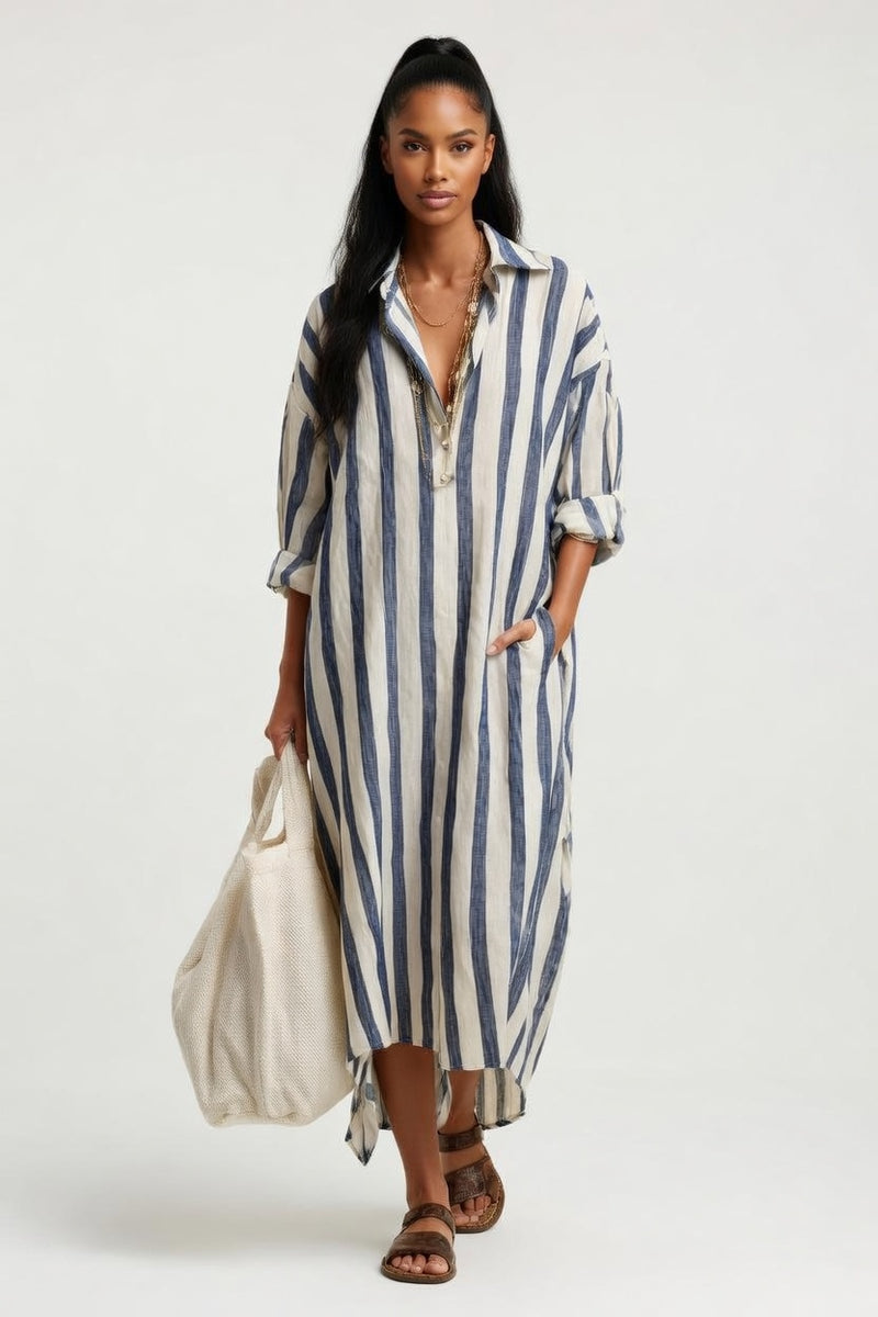 Striped V-Neck Shirt Dress — front view