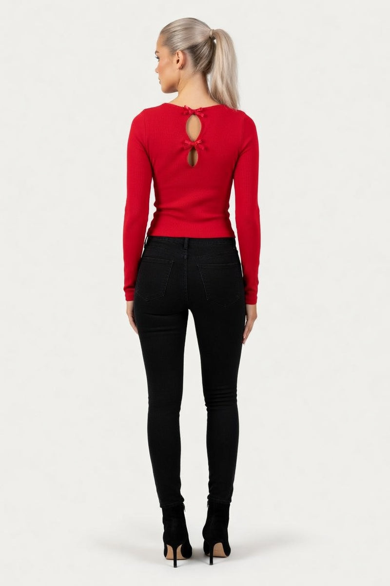 Ribbed Bow Detail Long Sleeve Top — back view