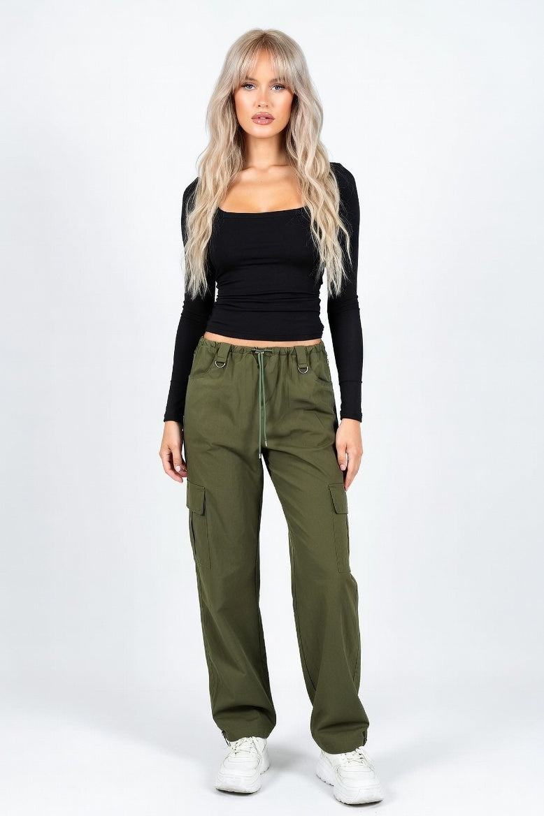 Ribbed U-Neck Long Sleeve Top — Black