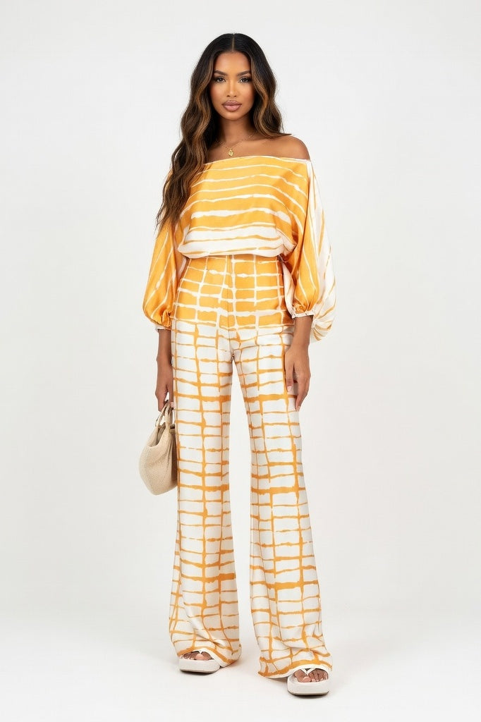 Printed Off-Shoulder Wide Leg Co-ord Set — Yellow Check