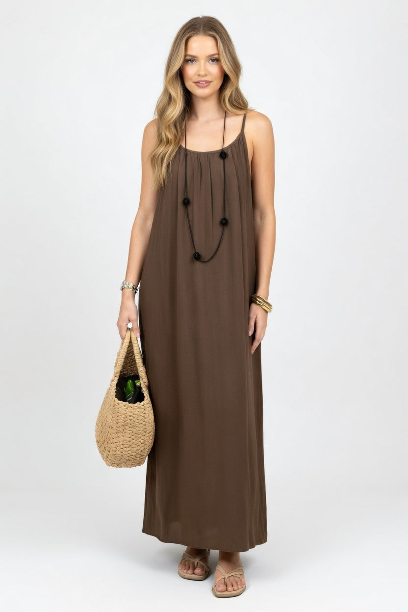 Backless Halter Maxi Dress — Brown