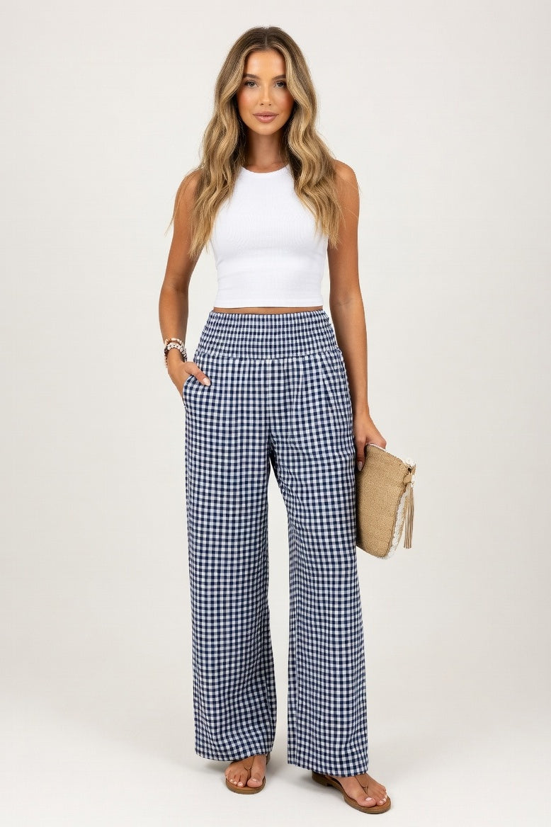 Check Print Wide Leg Trousers — Navy Blue