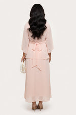 Stand Collar Pleated Trumpet Sleeve Dress — back view