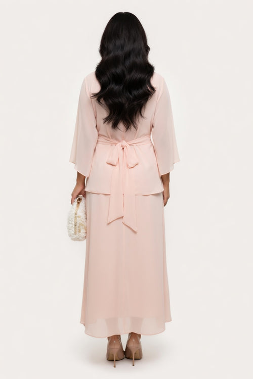Stand Collar Pleated Trumpet Sleeve Dress — back view