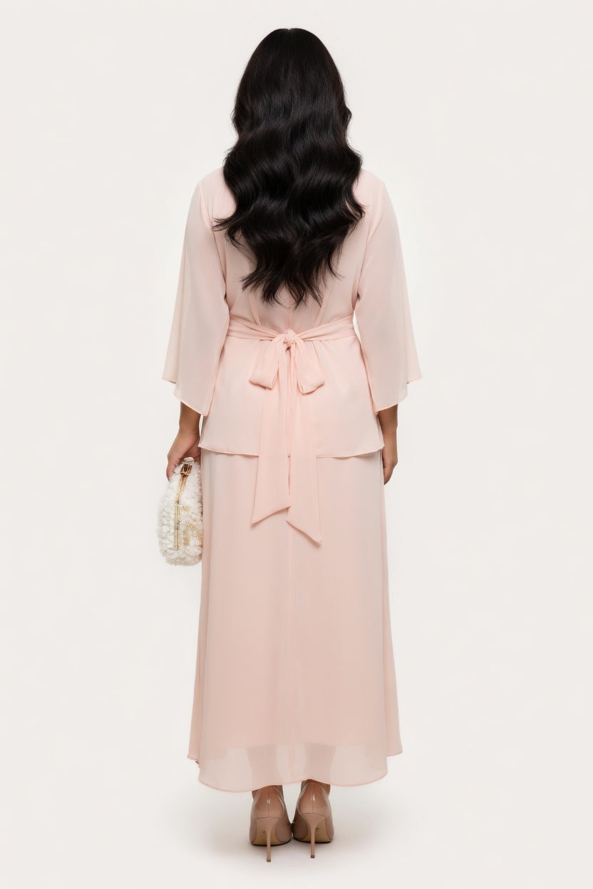 Stand Collar Pleated Trumpet Sleeve Dress — back view