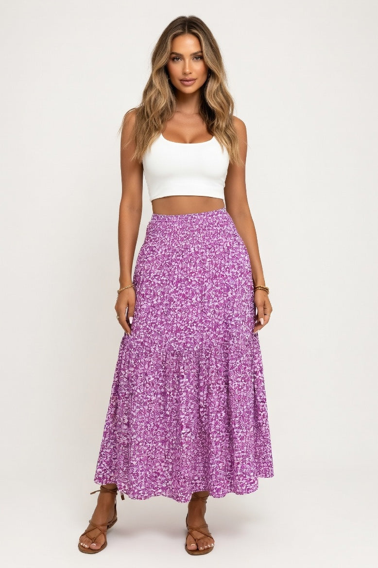 Floral A-Line Midi Skirt — Purple Floral