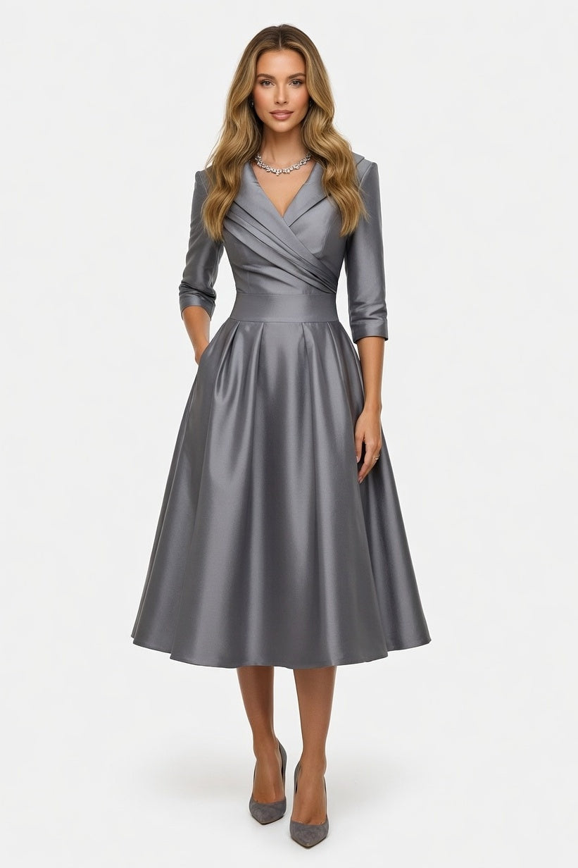 Satin Waist-Tie Midi Dress — Grey