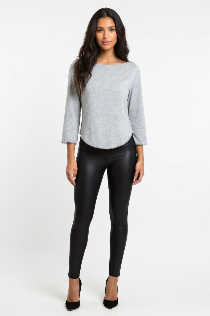 Fitted Cotton Three-Quarter Sleeve Top — Grey