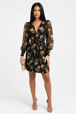 Mesh Sleeve Deep V Midi Dress — Black Yellow Floral
