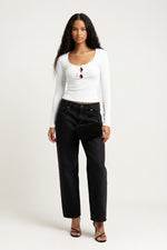Ribbed Bow Detail Long Sleeve Top — White