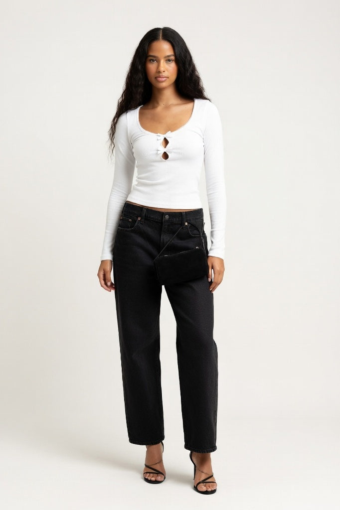 Ribbed Bow Detail Long Sleeve Top — White