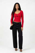 Ribbed Bow Detail Long Sleeve Top — Burgundy