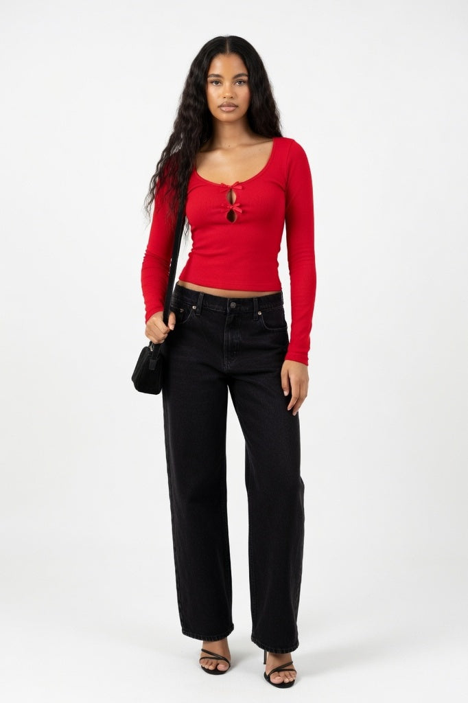 Ribbed Bow Detail Long Sleeve Top — Burgundy