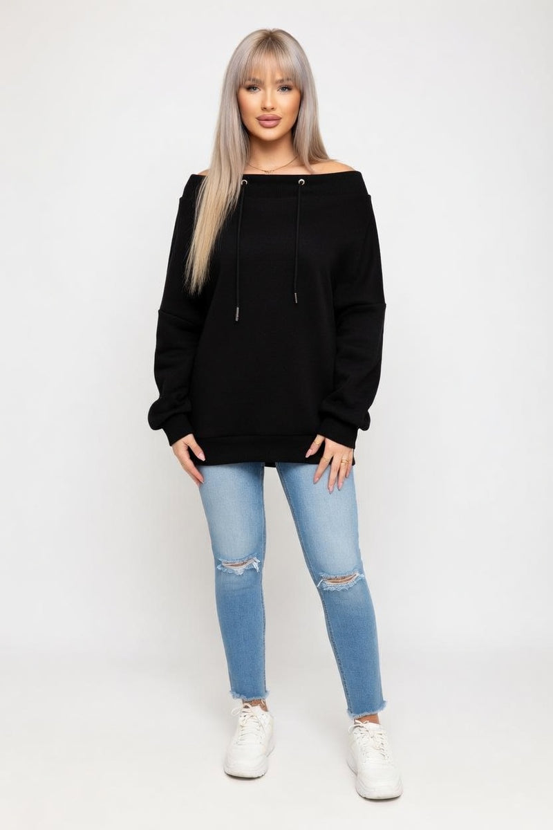 Off-Shoulder Drawstring Sweatshirt — front view
