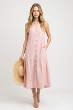 Linen V-Neck Maxi Dress — Pink