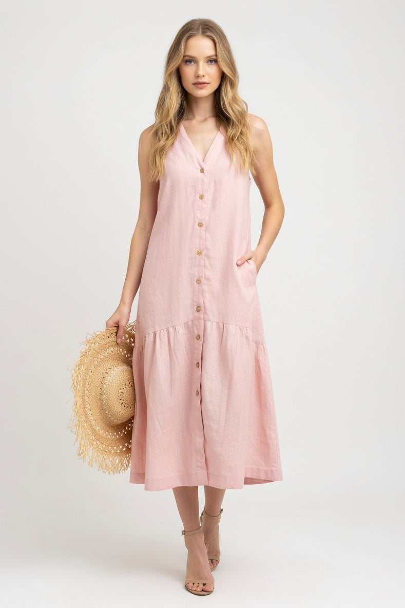 Linen V-Neck Maxi Dress — Pink