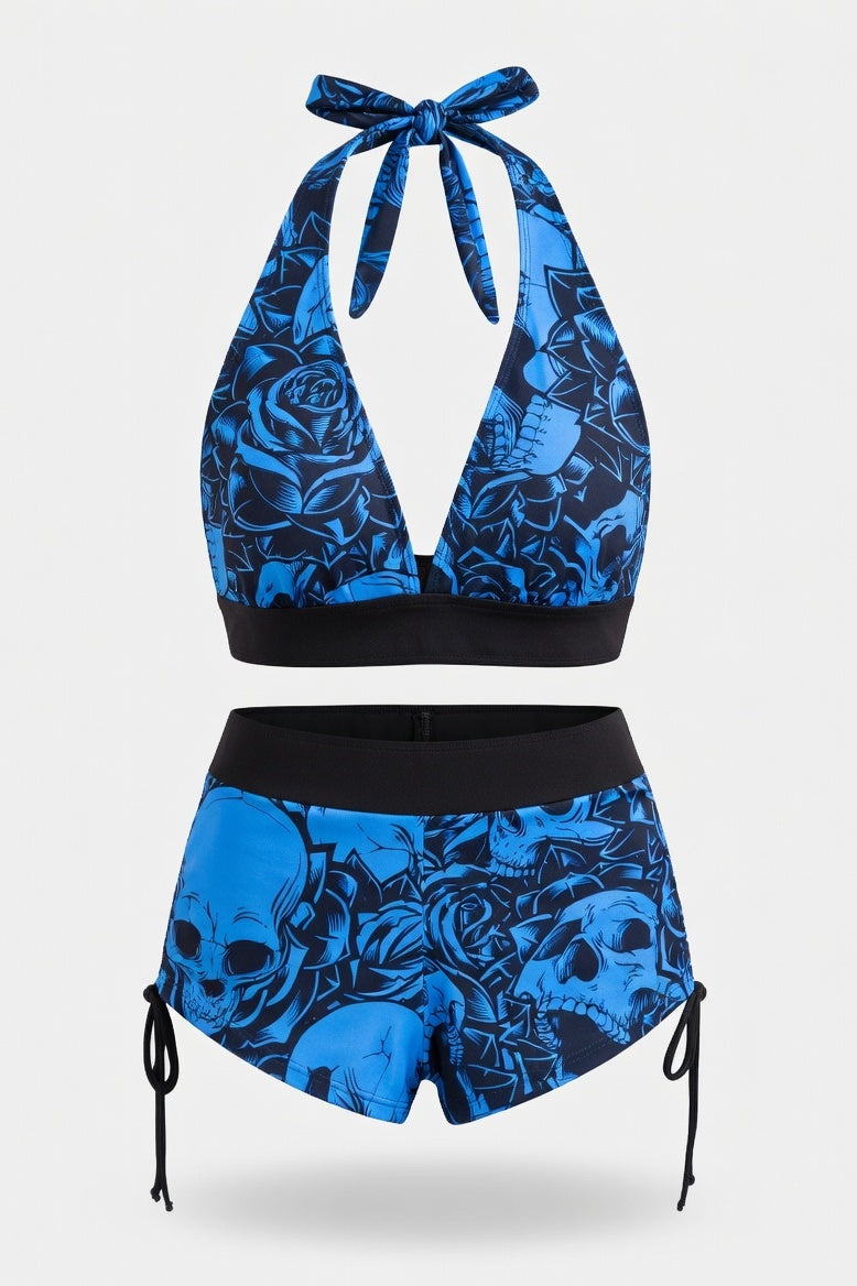 Skull Print One-Piece Swimsuit — Royal Blue