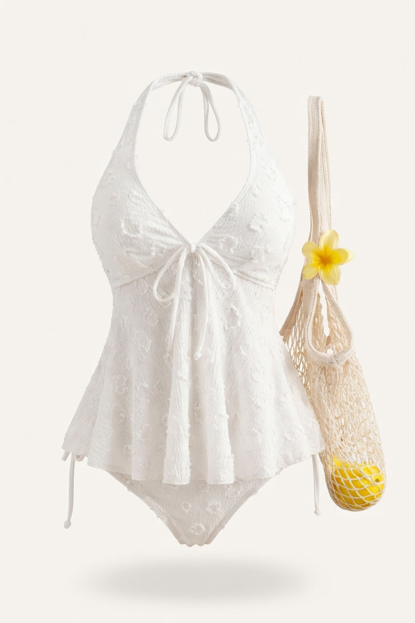 Lace Halter Swimsuit with Ruffle Detail — White