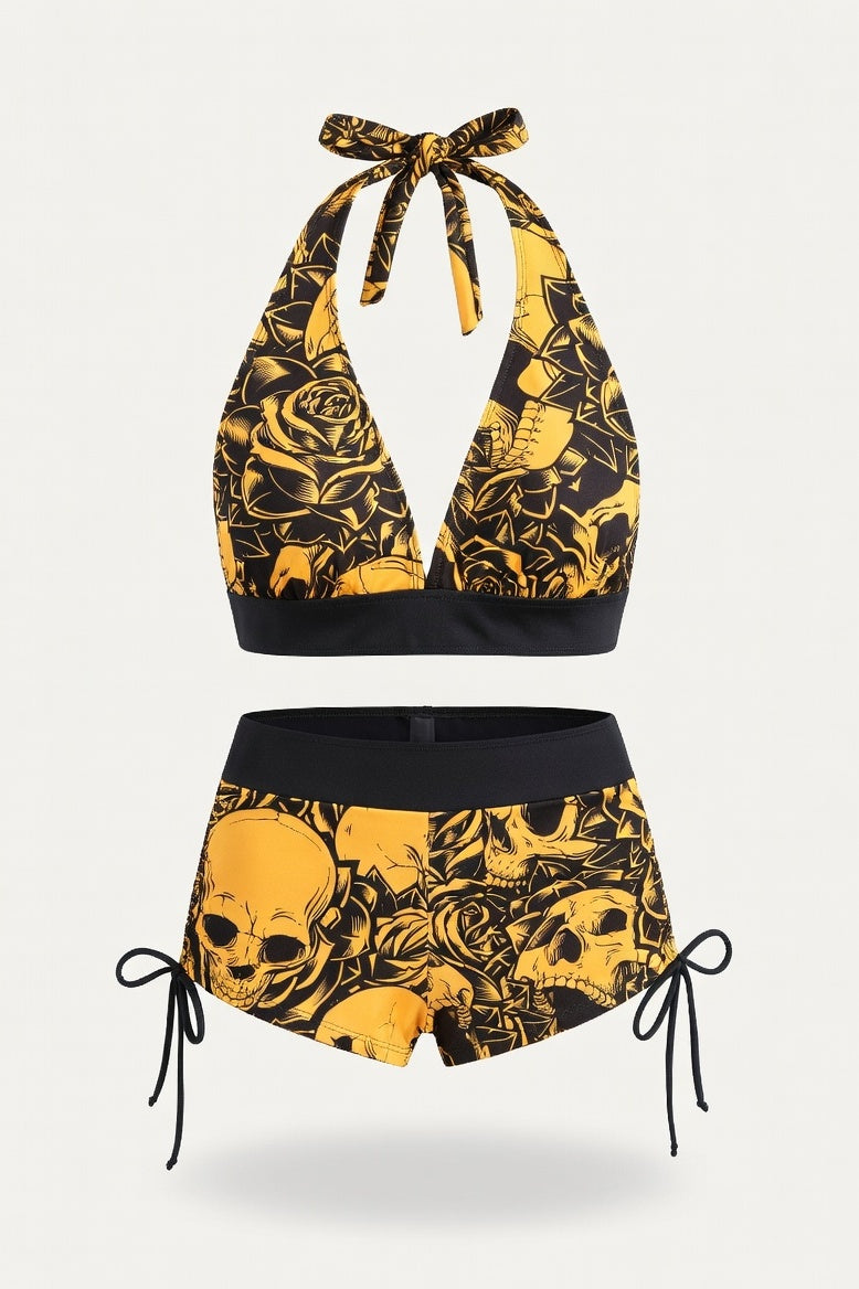 Skull Print Boxer Swimsuit — Lemon Yellow
