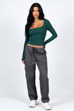 Ribbed U-Neck Long Sleeve Top — Dark Green