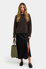 Satin Side Slit Midi Skirt — Black