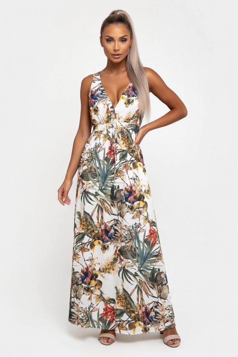 Printed Open Back Strap Dress — White Print