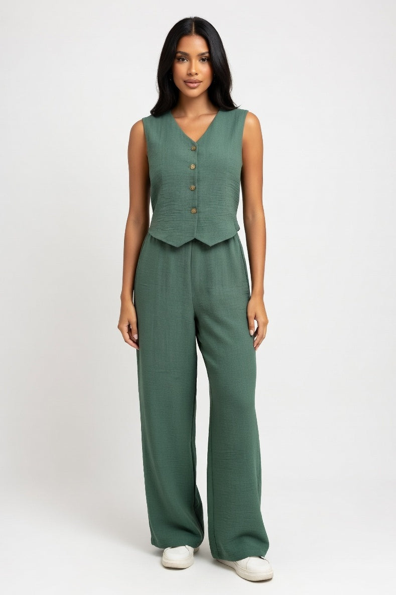 Linen V-Neck Vest & Trouser Co-ord — Army Green