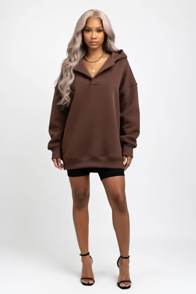 Hooded Sweatshirt with V-Tie Detail — Chestnut