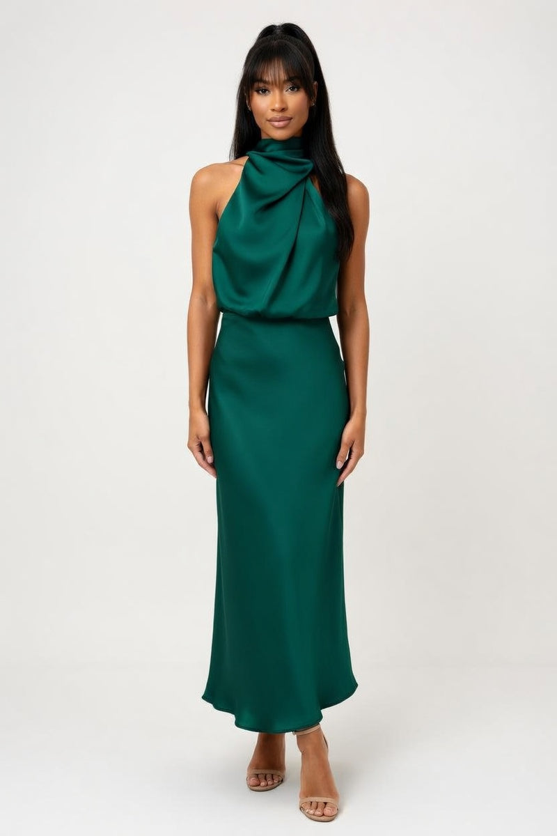 Sleeveless Satin Midi Dress — front view