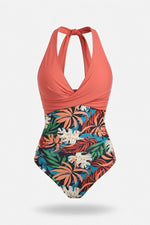 Cross Back Colour Block Swimsuit — Orange Print