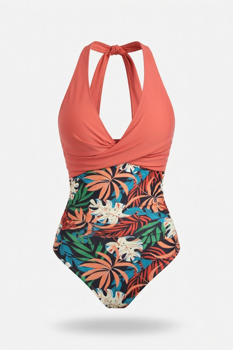 Cross Back Colour Block Swimsuit — Orange Print