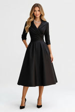 Satin Lapel Shirt Dress — Black