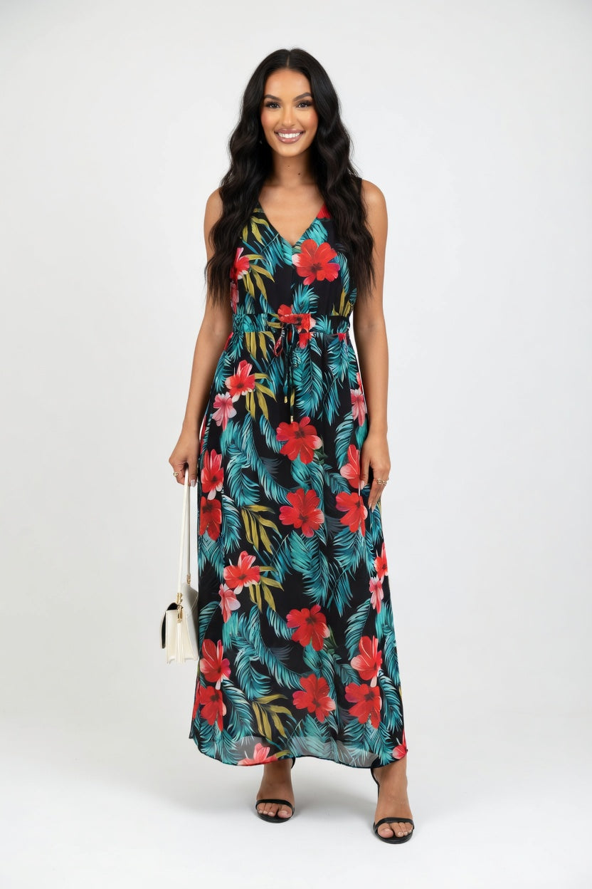 Open Back Print Dress — Red Floral Print