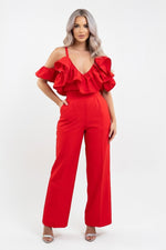 Ruffle Halter Top & High-Waist Trouser Set — Red