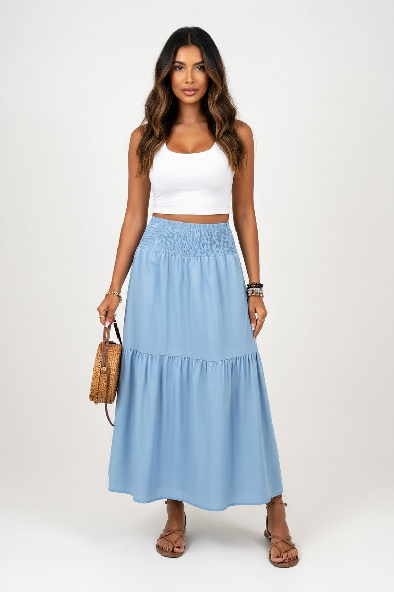 Floral A-Line Midi Skirt — Sky Blue