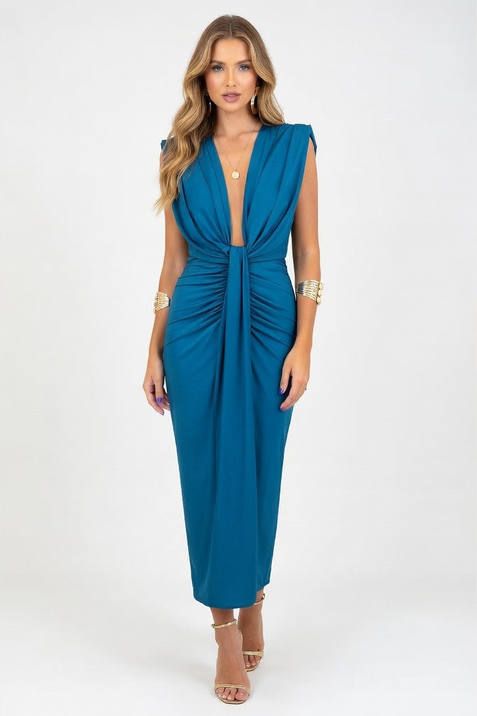 Satin V-Neck Pleated Dress — Blue