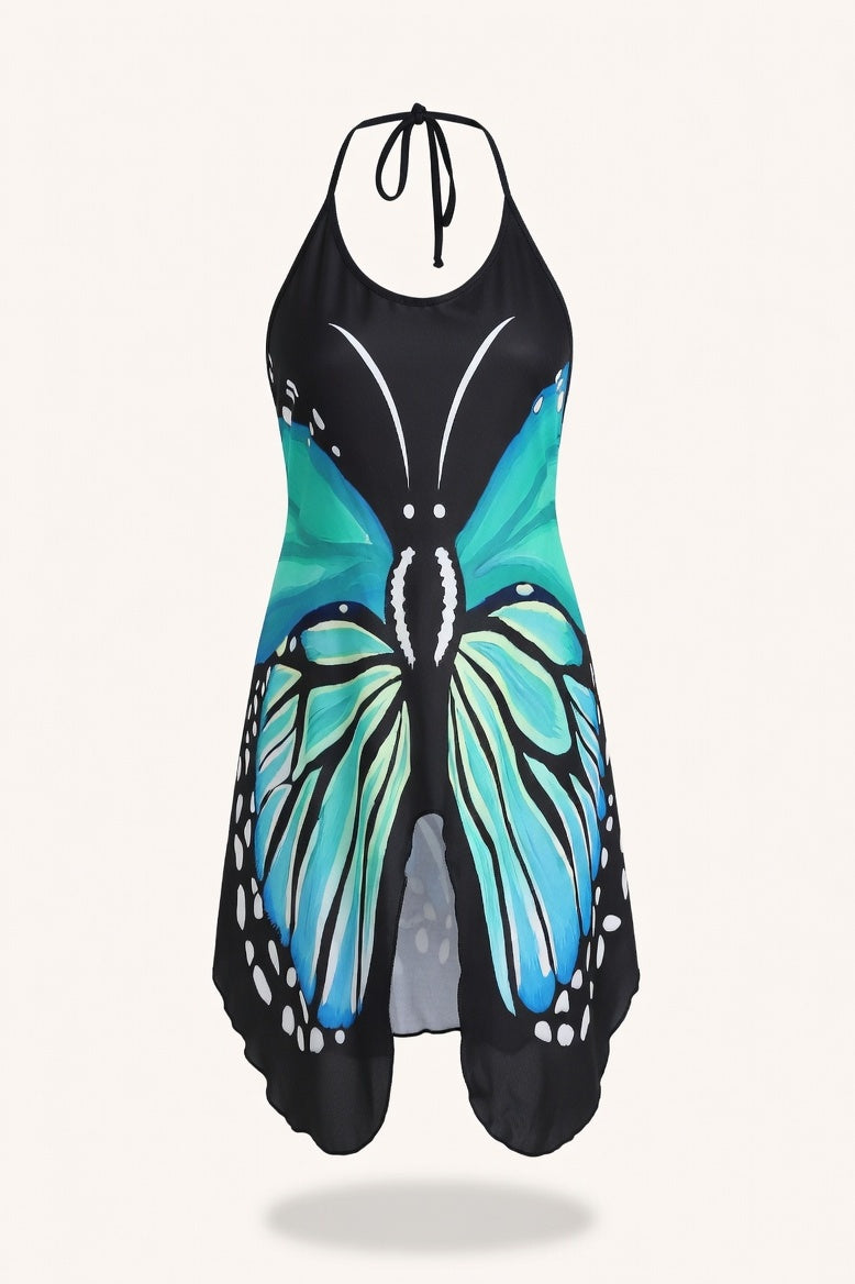 Butterfly Print Halter Dress — Lake Blue
